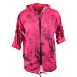   Tele feliratos,  egyenes fazonú, kapucnis, zsebes, cipzáras, olasz pamut kardigán- pink