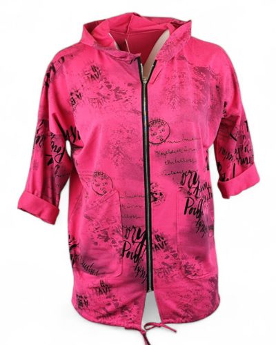 Tele feliratos,  egyenes fazonú, kapucnis, zsebes, cipzáras, olasz pamut kardigán- pink