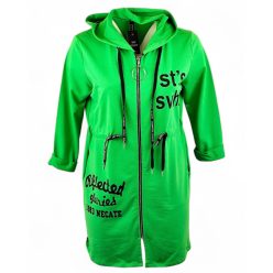   Húzott derekú, hosszú  egyenes fazonú, kapucnis, zsebes, cipzáras olasz pamut kardigán, fehér felirattal- zöld