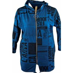   Újság mintás, egyenes fazonú, kapucnis, zsebes, cipzáras olasz pamut kardigán- olajkék