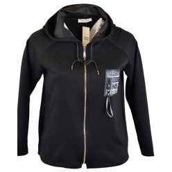   Egyenes fazonú, kapucnis, rövidebb állású, puntó kardigán fekete bőr táblával az elején- fekete