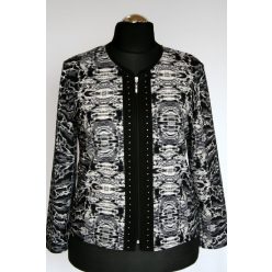   Cipzáros, rövid karcsúsított fazonú, környakú, hosszúujjú, fekete-fehér mintás blézer- fekete, fehér