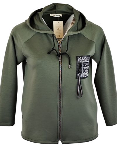 Egyenes fazonú, kapucnis, rövidebb állású, puntó kardigán fekete bőr táblával az elején- keki zöld