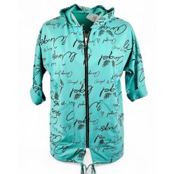   Tele feliratos,  egyenes fazonú, kapucnis, zsebes, cipzáras, olasz pamut kardigán- türkíz zöld