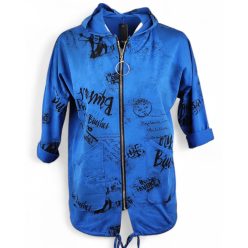   Tele feliratos,  egyenes fazonú, kapucnis, zsebes, cipzáras, olasz pamut kardigán- királykék