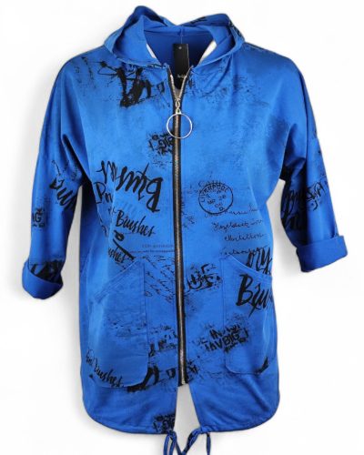 Tele feliratos,  egyenes fazonú, kapucnis, zsebes, cipzáras, olasz pamut kardigán- királykék