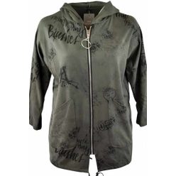   Tele feliratos,  egyenes fazonú, kapucnis, zsebes, cipzáros, olasz pamut kardigán- keki zöld