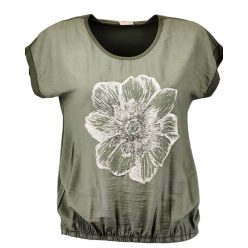   Nagy ezüst virággal díszített, hátul sima egyszínű pamut anyagból készült, rövid ujjú, környakú, fiatalos olasz felsőrész, alul gumírozott- keki zöld, ezüst