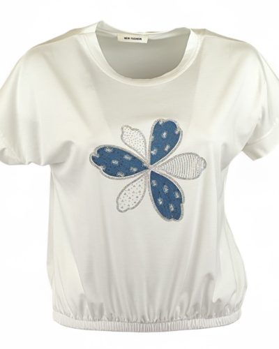 Farmeros, csillogós virágfejjel díszített elejű, környakú, rövid ujjú, viszkóz anyagból készült, gumírozott aljú, fiatalos felsőrész- fehér