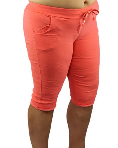 Egyszínű, térdig érő szárú, magas gumis derekú, zsebes, fiatalos olasz bermuda nyári rövid sztreccs nadrág- korall szín