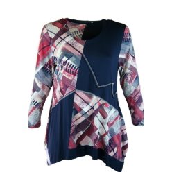   Antónia nagy színes kocka mintás és egyszínű betétekkel kombinált viszkóz anyagú hosszított fazonú, hosszú ujjú, környakú, fiatalos lengyel tunika- sötétkék, mályva, fehér