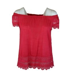   Gumírozott nyaku, vállra húzható, géz anyagból készült, rövid csipke ujjú, egyszínű, olasz felsőrész, csipke betéttel az alján- málna szín