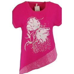   Aszimmetrikus flitteres aljú, oldalra megköthető, rövid ujjú, környakú, olasz felsőrész fehér virágokkal az elején- pink, fehér