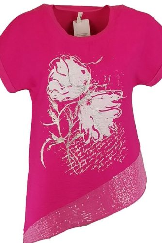 Aszimmetrikus flitteres aljú, oldalra megköthető, rövid ujjú, környakú, olasz felsőrész fehér virágokkal az elején- pink, fehér