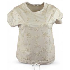   Natúr madzaggal hímzett elejű, környakú, rövid ujjú, viszkóz anyagból készült, fiatalos felsőrész, húzható zsinórral az alján- drapp