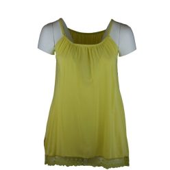   Kombiné pántos, ujjatlan, A-vonalú, alul körbe csipkével díszített, nyári olasz pamut selyem felsőrész- sárga