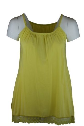 Kombiné pántos, ujjatlan, A-vonalú, alul körbe csipkével díszített, nyári olasz pamut selyem felsőrész- sárga