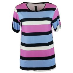   Wio rövidebb egyenes fazonú, rövidujjú, környakú, széles pink kék fekete fehér csíkos viszkóz anyagból készült, fiatalos lengyel tunika- pink, világos kék, fekete, fehér