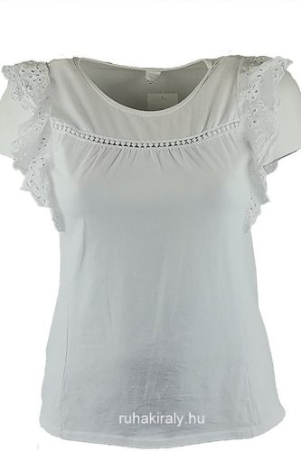 Fodros madeirás lepke ujjú, egyszínű, környakú, fiatalos olasz pamut anyagból készült felső- fehér