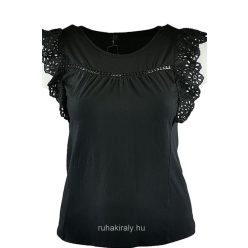   Fodros madeirás lepke ujjú, egyszínű, környakú, fiatalos olasz pamut anyagból készült felső- fekete