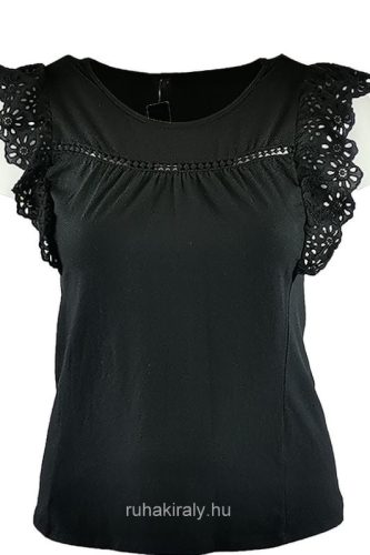 Fodros madeirás lepke ujjú, egyszínű, környakú, fiatalos olasz pamut anyagból készült felső- fekete