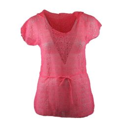   Átlátszó  rövidujjú, környakú, hálós strandruha, övvel- lazac szín