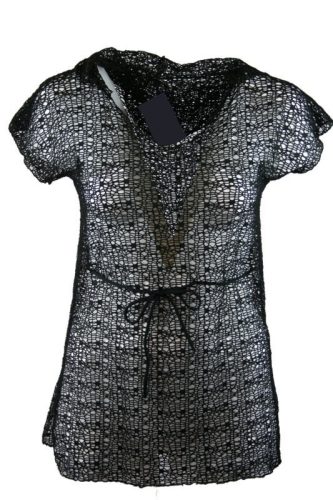 Átlátszó  rövidujjú, környakú, hálós strandruha, övvel- fekete