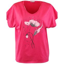   V-nyakú, fehér virágokkal díszített, egyenes bő fazonú, rövidujjú, pamut anyagból készült fiatalos olasz tunika- pink