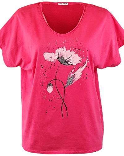 V-nyakú, fehér virágokkal díszített, egyenes bő fazonú, rövidujjú, pamut anyagból készült fiatalos olasz tunika- pink