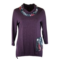   Antónia egyszínű, kötött anyagú, színes buklé anyaggal díszített kámzsa nyakú, zsebes, fiatalos lengyel tunika- lila