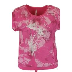   Batikolt elejű, hátul sima egyszínű pamut anyagból készült, rövid ujjú, környakú, fiatalos olasz felsőrész, fehér virágokkal, alul meghúzható zsinórral- pink, fehér