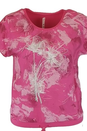 Batikolt elejű, hátul sima egyszínű pamut anyagból készült, rövid ujjú, környakú, fiatalos olasz felsőrész, fehér virágokkal, alul meghúzható zsinórral- pink, fehér