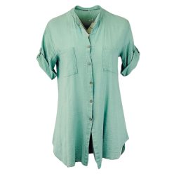   Hosszú egyenes bő fazonú, rövid ujjú, zsebes, egyszínű, könnyű nyári olasz géz ing- almazöld