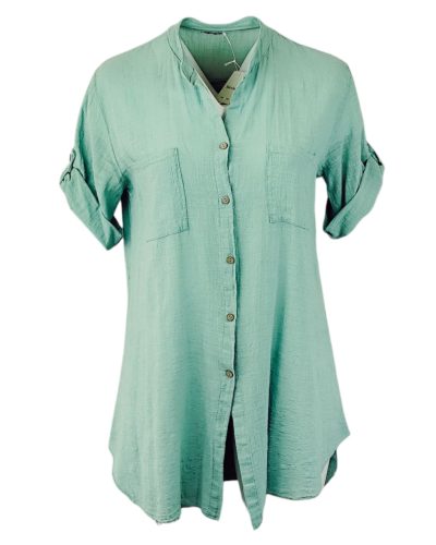 Hosszú egyenes bő fazonú, rövid ujjú, zsebes, egyszínű, könnyű nyári olasz géz ing- almazöld