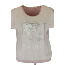   Virágos elejű felső beautiful felirattal, hátul sima egyszínű pamut anyagból készült, rövid ujjú, környakú, fiatalos olasz felsőrész, alul meghúzható zsinórral- halvány púder, fehér