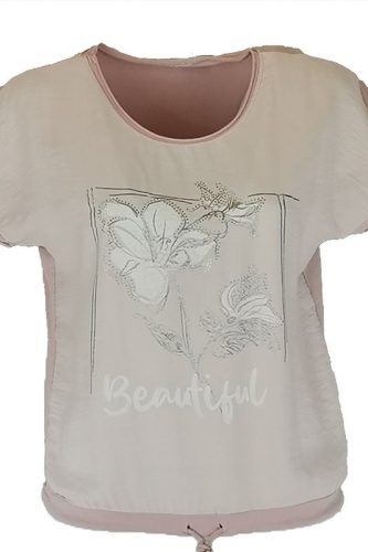 Virágos elejű felső beautiful felirattal, hátul sima egyszínű pamut anyagból készült, rövid ujjú, környakú, fiatalos olasz felsőrész, alul meghúzható zsinórral- halvány púder, fehér