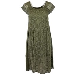   Tiszta csipke hosszú ruha, lefelé bővülő fazonú, gumírozott vállra húzható, környakú alkalmi olasz csipke ruha, pamut béléssel- keki zöld