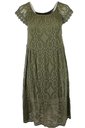 Tiszta csipke hosszú ruha, lefelé bővülő fazonú, gumírozott vállra húzható, környakú alkalmi olasz csipke ruha, pamut béléssel- keki zöld