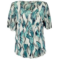   Maggi, rövid muszlin ujjú, környakú, krém szín alapon levél mintás viszkóz anyagból készült, egyenes fazonú, molett lengyel tunika- krém szín, türkíz zöld