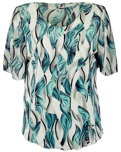 Maggi, rövid muszlin ujjú, környakú, krém szín alapon levél mintás viszkóz anyagból készült, egyenes fazonú, molett lengyel tunika- krém szín, türkíz zöld