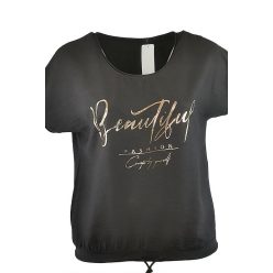   Beautiful arany feliratos elejű, hátul sima pamut anyagból készült, környakú, rövid ujjú, fiatalos olasz felsőrész,  alul meghúzható zsinórral- fekete, arany