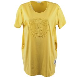   Hosszú, egyszínű, bő fazonú, elől középen domború nyomott mintás, rövid ujjú, környakú, pamut anyagból készült, fiatalos molett olasz tunika ruha- sárga