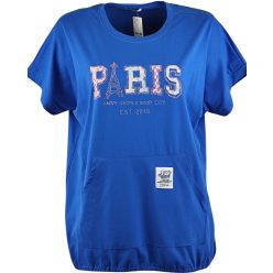   Feliratos, kenguru zsebes, kapucnis, rövid ujjú, pamut anyagból készült, fiatalos, sportos, olasz tunika- kirákykék