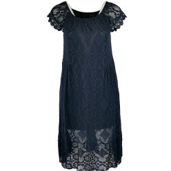   Tiszta csipke hosszú ruha, lefelé bővülő fazonú, gumírozott vállra húzható, környakú alkalmi olasz csipke ruha, pamut béléssel- sötétkék