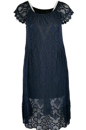 Tiszta csipke hosszú ruha, lefelé bővülő fazonú, gumírozott vállra húzható, környakú alkalmi olasz csipke ruha, pamut béléssel- sötétkék