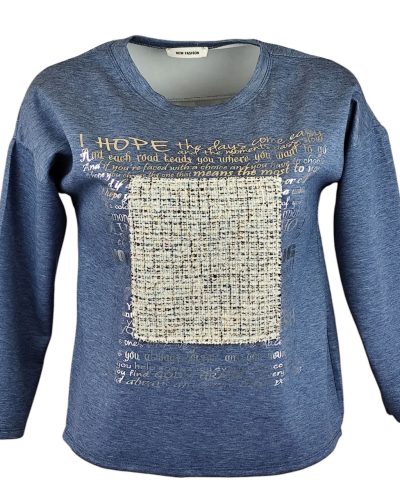 Egyszínű, vastagabb puntó anyagú, környakú, hosszú ujjú, fiatalos olasz felsőrész- farmerkék