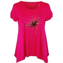   Helen egyszínű, A-vonalú, környakú, rövidujjú, fiatalos lengyel tunika, virágokkal az elején- pink, fekete