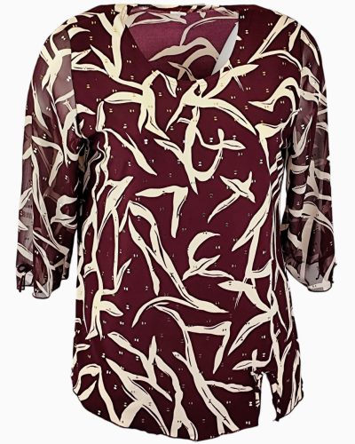 Maggi 3/4-es muszlin ujjú, környakú, bordó alapon drapp mintás, viszkóz anyagból készült molett lengyel tunika- bordó, drapp