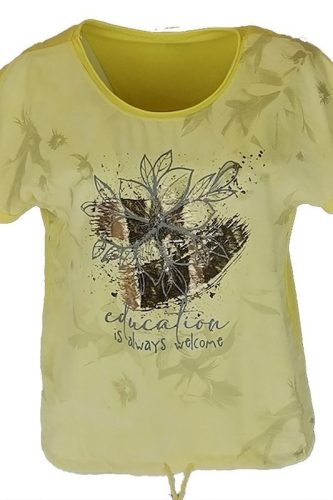 Education feliratos, nagy arany virágos, batikolt elejű, hátul sima egyszínű pamut, rövid ujjú, környakú, fiatalos olasz felsőrész, alul meghúzható zsinórral- sárga, fehér, arany