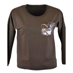   Kis ezüstös szív mintával díszített, sima pamut anyagból készült, hosszú ujjú, környakú, olasz fiatalos felsőrész- barna